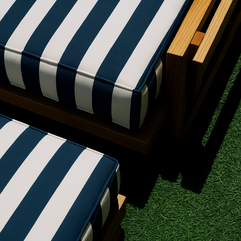 Outdoor furniture with blue and white striped cushions on a green surface
