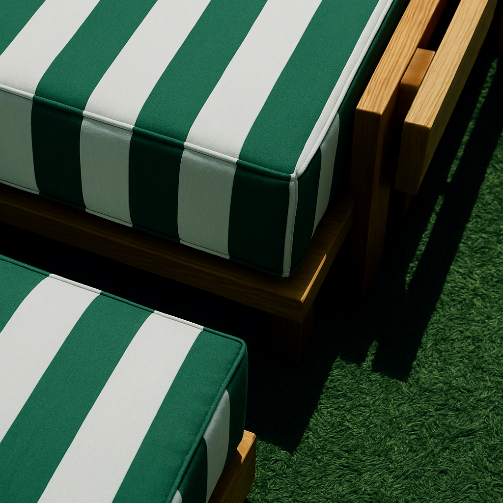 Green and white striped cushions on wooden chairs on a grassy surface
