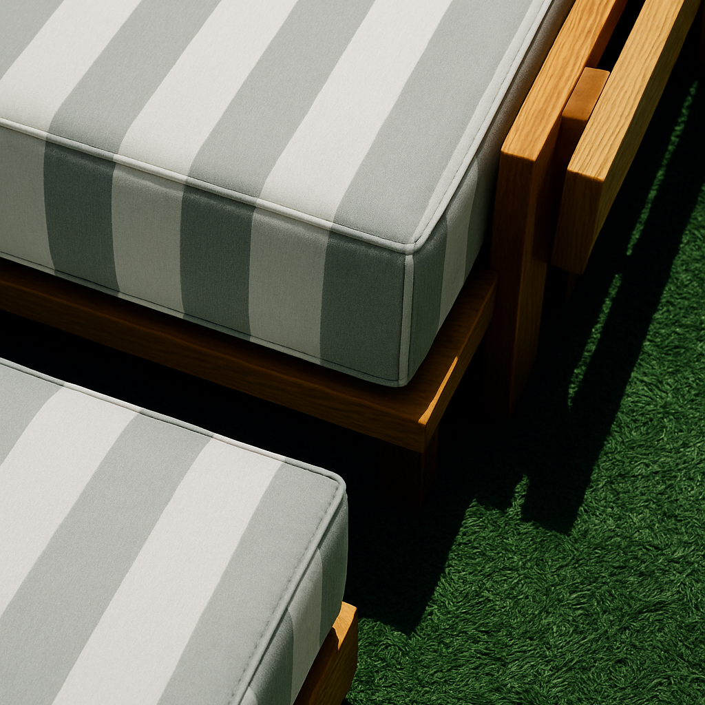 Striped outdoor cushions on wooden furniture with a green grass background