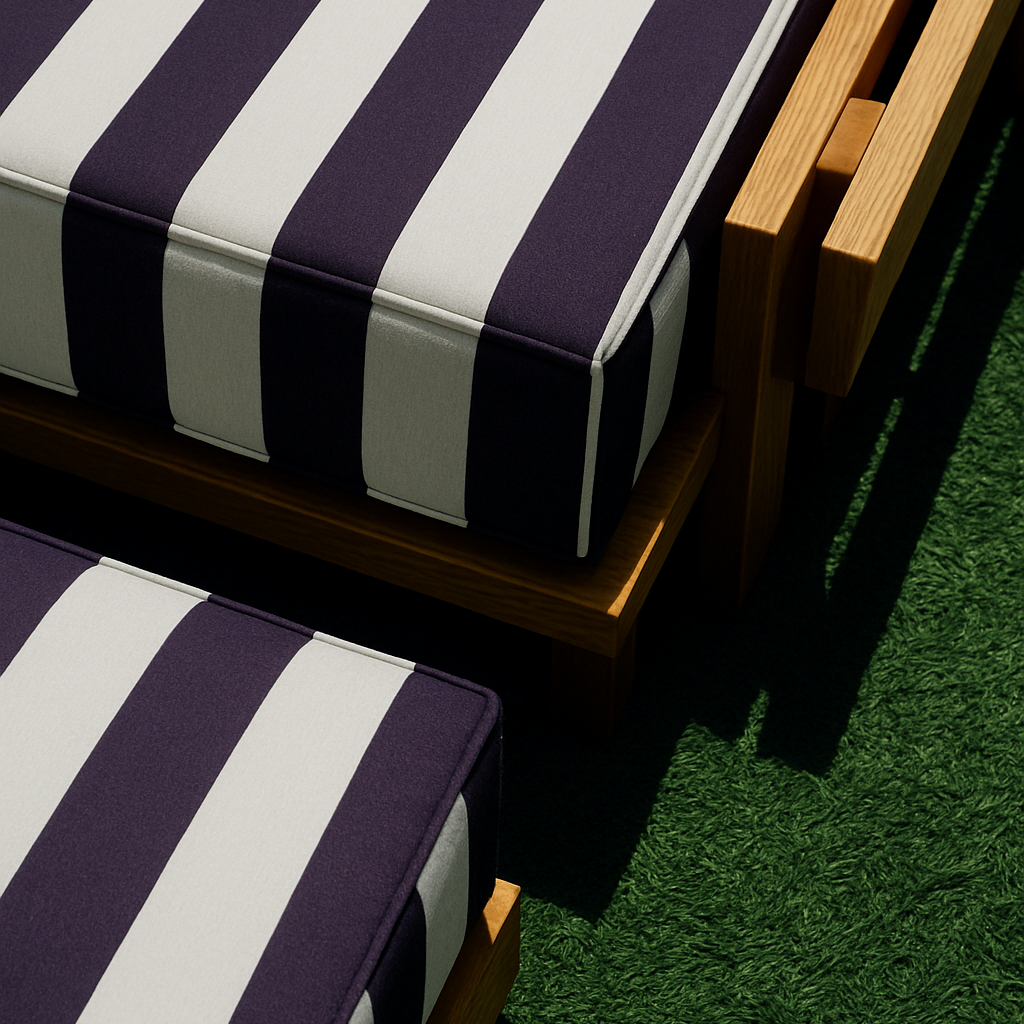 Purple and white striped cushions on wooden chairs on a grassy surface