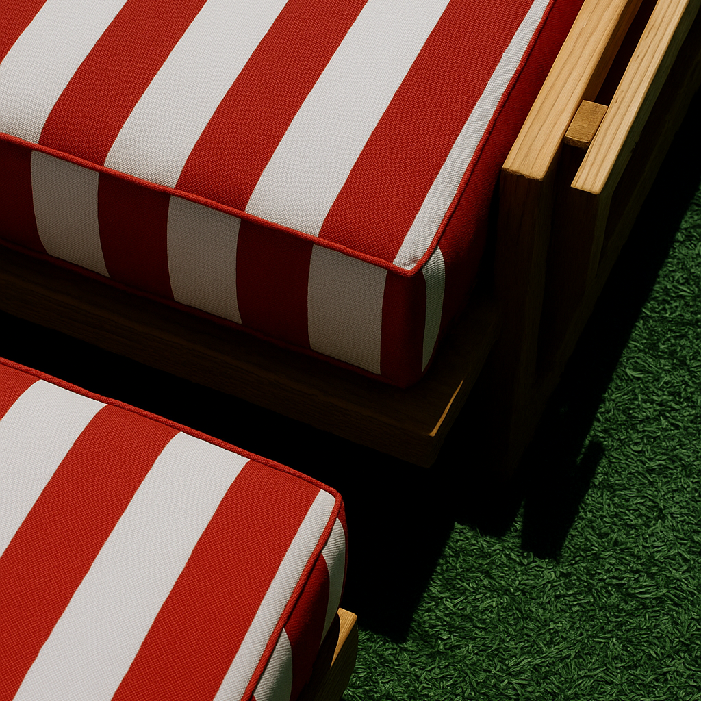 Red and white striped cushions on wooden furniture on a green grassy surface