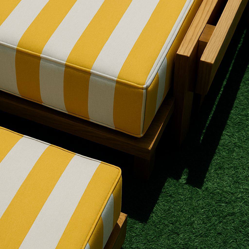 Yellow and white striped cushions on wooden furniture against a green grass background