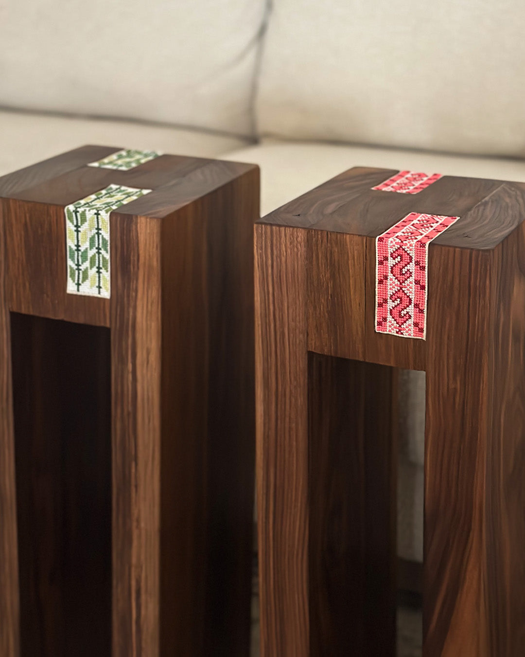 Special Edition DuoEdge Drink Table featuring Palestinian embroidery with walnut and teak dual-tone design.