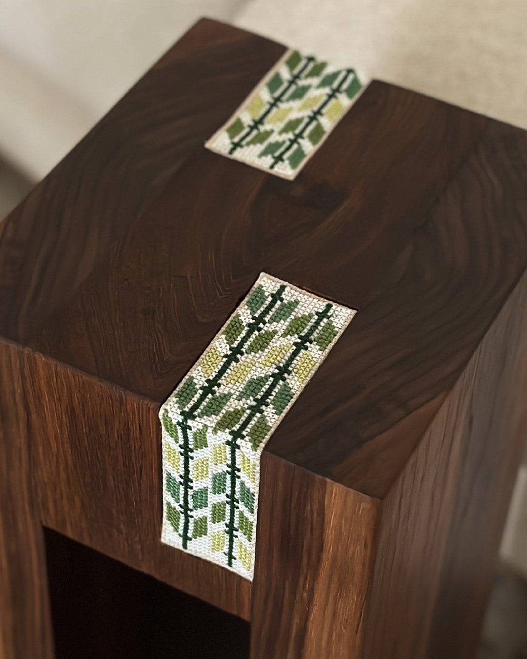 Special Edition DuoEdge Drink Table featuring Palestinian embroidery with walnut and teak dual-tone design