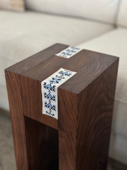 Special Edition DuoEdge Drink Table featuring Palestinian embroidery with walnut and teak dual-tone design