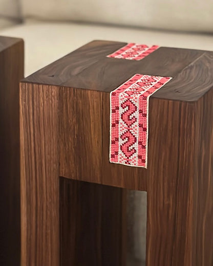 Special Edition DuoEdge Drink Table featuring Palestinian embroidery with walnut and teak dual-tone design