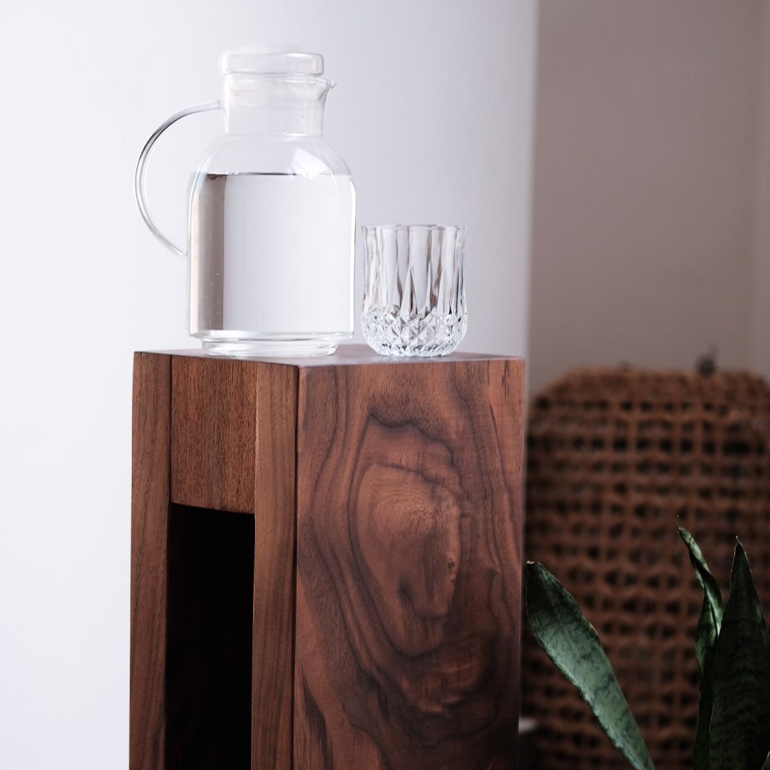 Minimalist walnut and teak dual-tone DuoEdge Drink Table from the "Duality" collection, perfect for modern homes