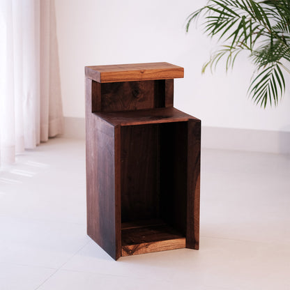 Walnut and teak DuoRest Side Table with sturdy frame and drawer, offering style and utility.