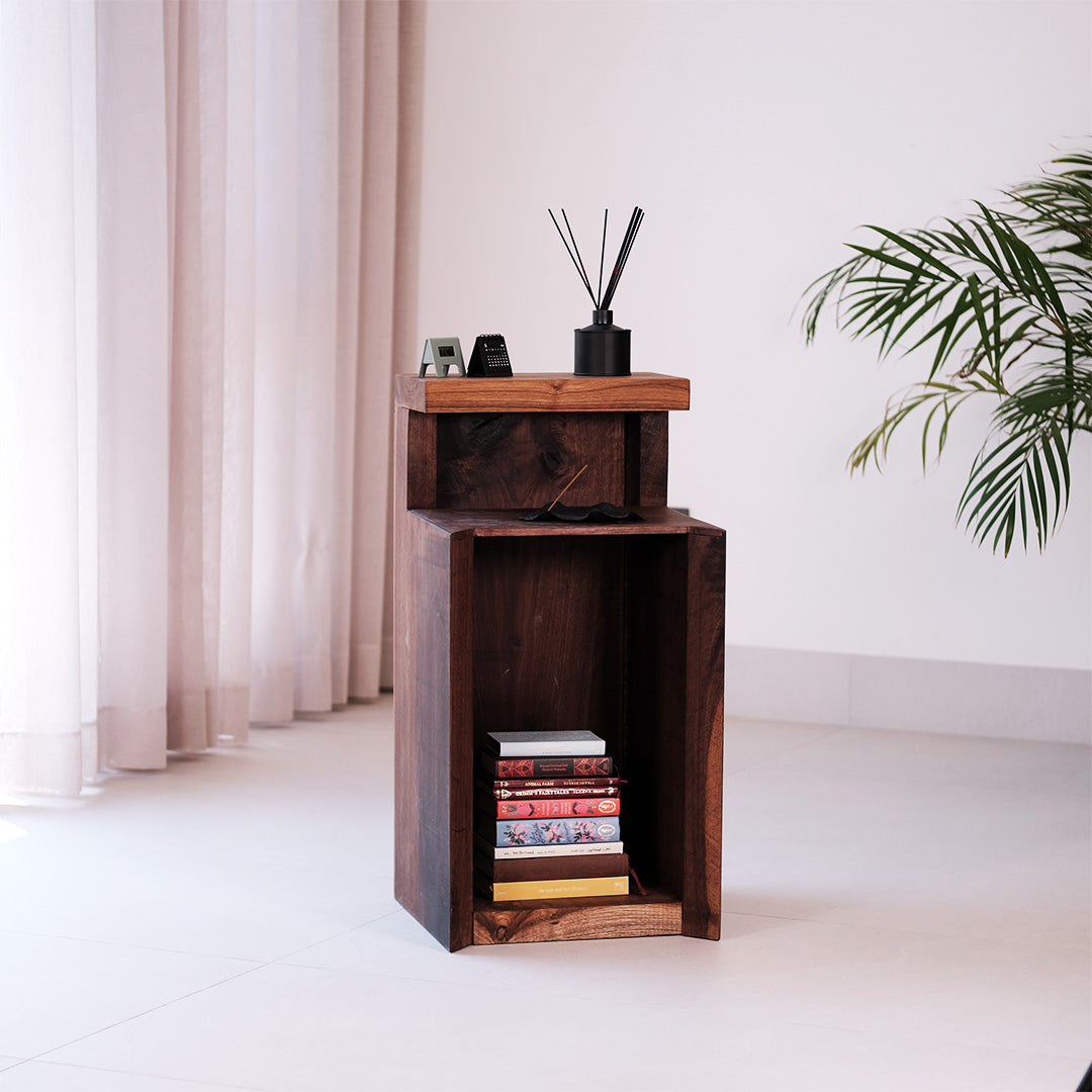 Walnut and teak DuoRest Side Table with sturdy frame and drawer, offering style and utility.