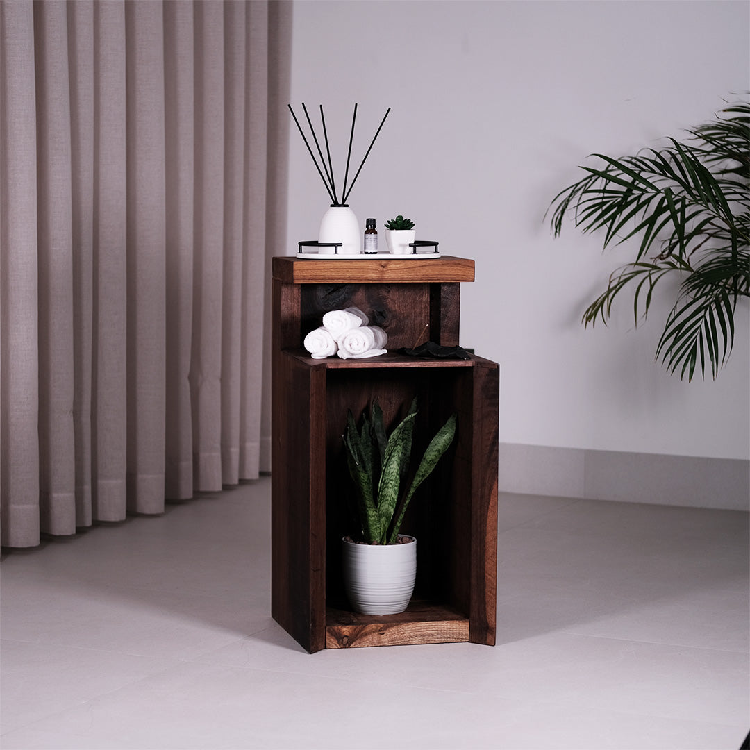 Walnut and teak DuoRest Side Table with sturdy frame and drawer, offering style and utility.