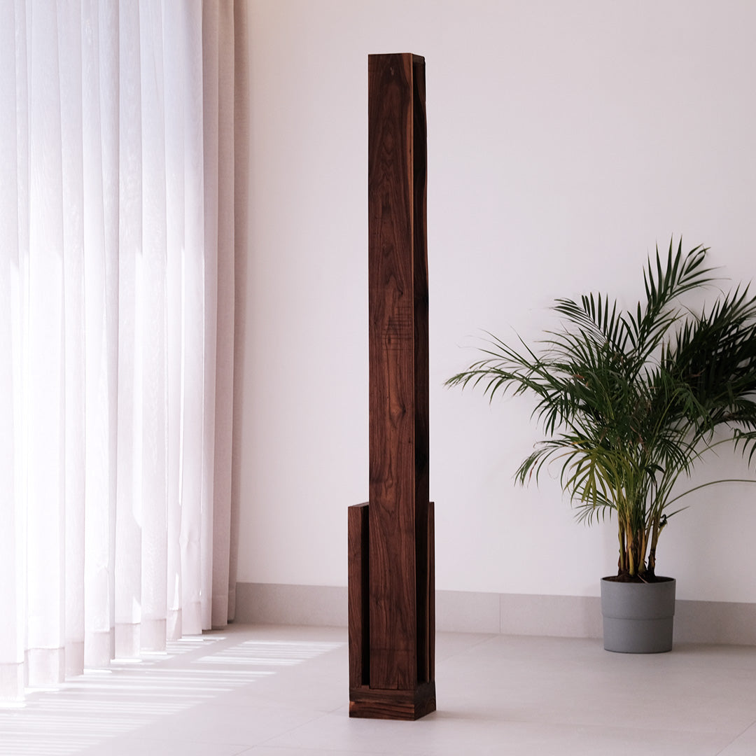 Minimalist walnut and teak DuoShine Floor Lamp with dynamic light patterns from the "Duality" collection