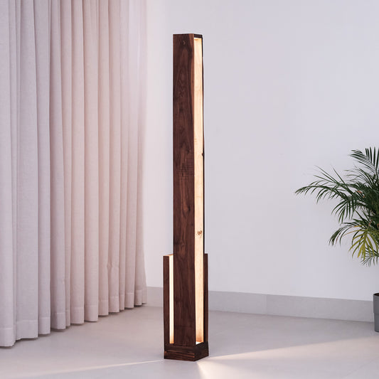 Minimalist walnut and teak DuoShine Floor Lamp with dynamic light patterns from the "Duality" collection