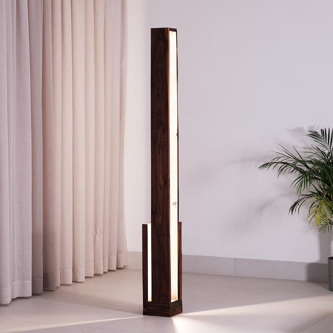 Minimalist walnut and teak DuoShine Floor Lamp with dynamic light patterns from the "Duality" collection