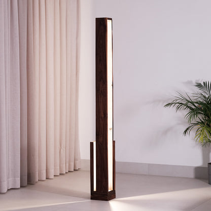 Minimalist walnut and teak DuoShine Floor Lamp with dynamic light patterns from the "Duality" collection