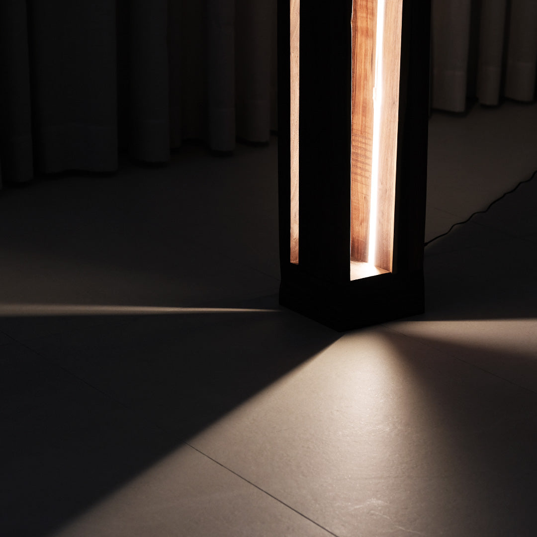 Minimalist walnut and teak DuoShine Floor Lamp with dynamic light patterns from the "Duality" collection