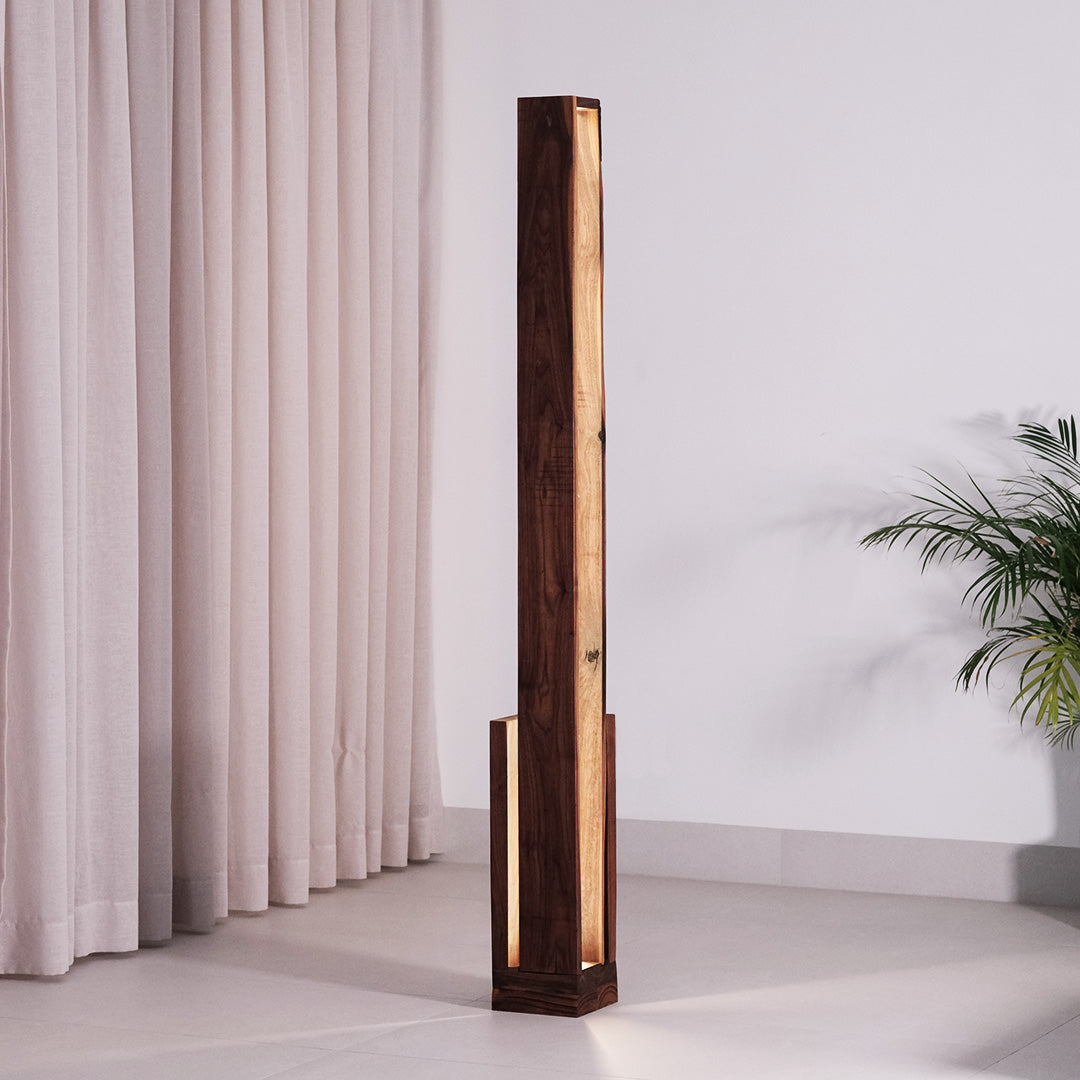 Minimalist walnut and teak DuoShine Floor Lamp with dynamic light patterns from the "Duality" collection