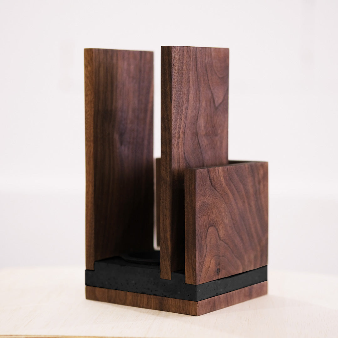 Handcrafted walnut and Jesmonite Mubkhar in modern colors like Gray, Terracotta, and Sage for fragrance rituals