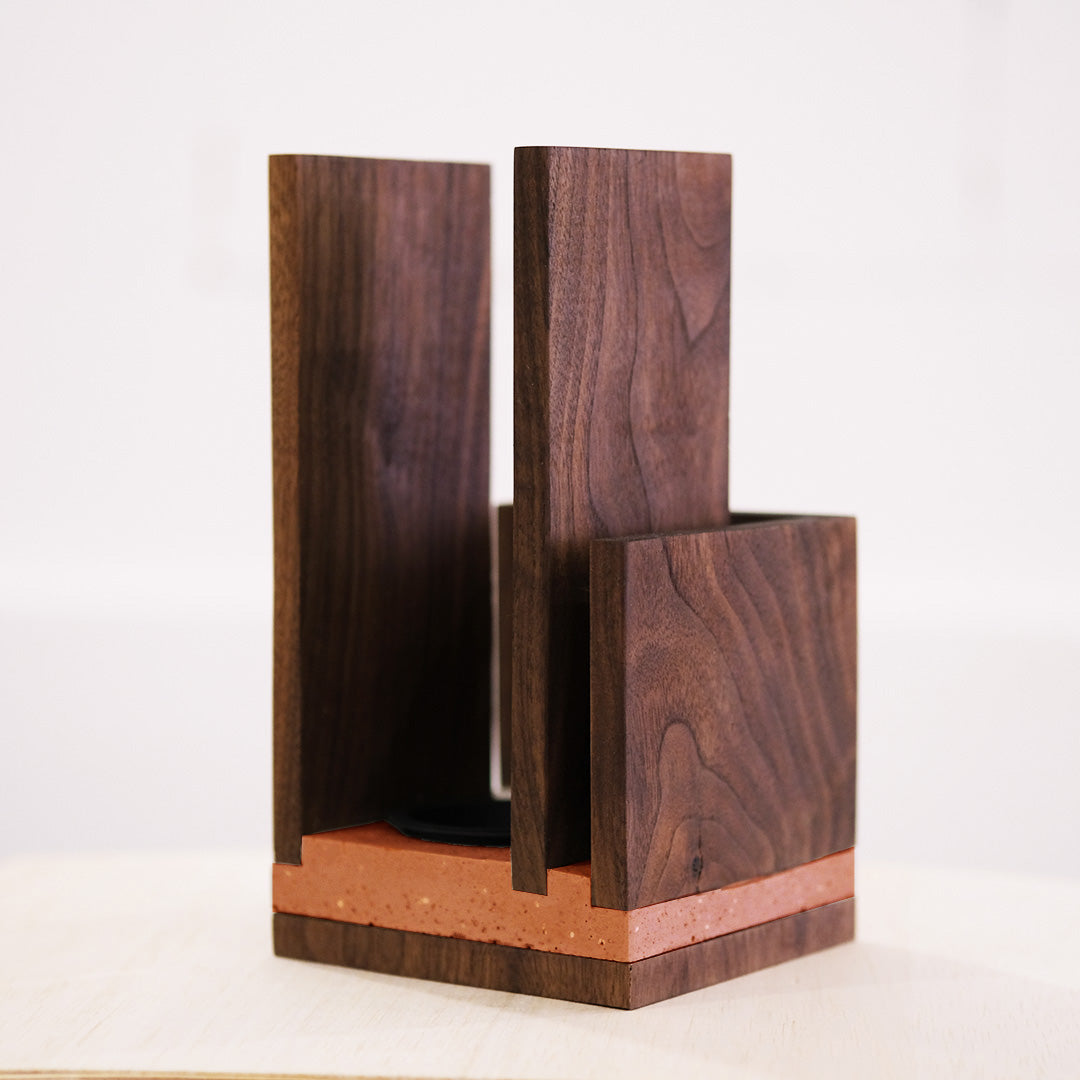 Handcrafted walnut and Jesmonite Mubkhar in modern colors like Gray, Terracotta, and Sage for fragrance rituals